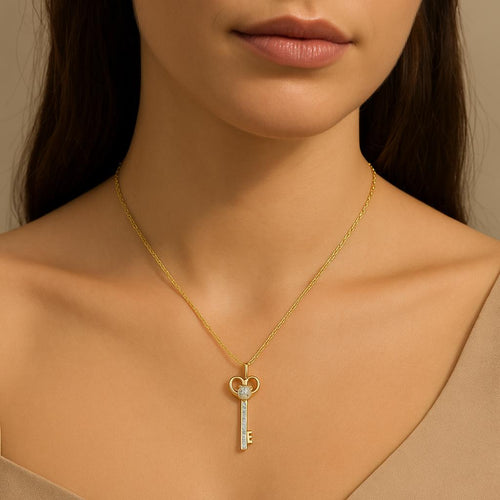24K Gold Heart Key Necklace | Lab Grown Diamond Pendant
