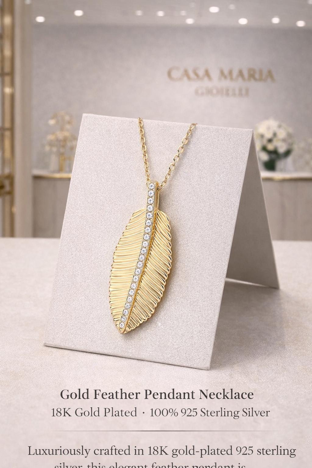 18K Gold Feather Pendant Necklace | Lab-Grown Diamonds, Sterling Silver