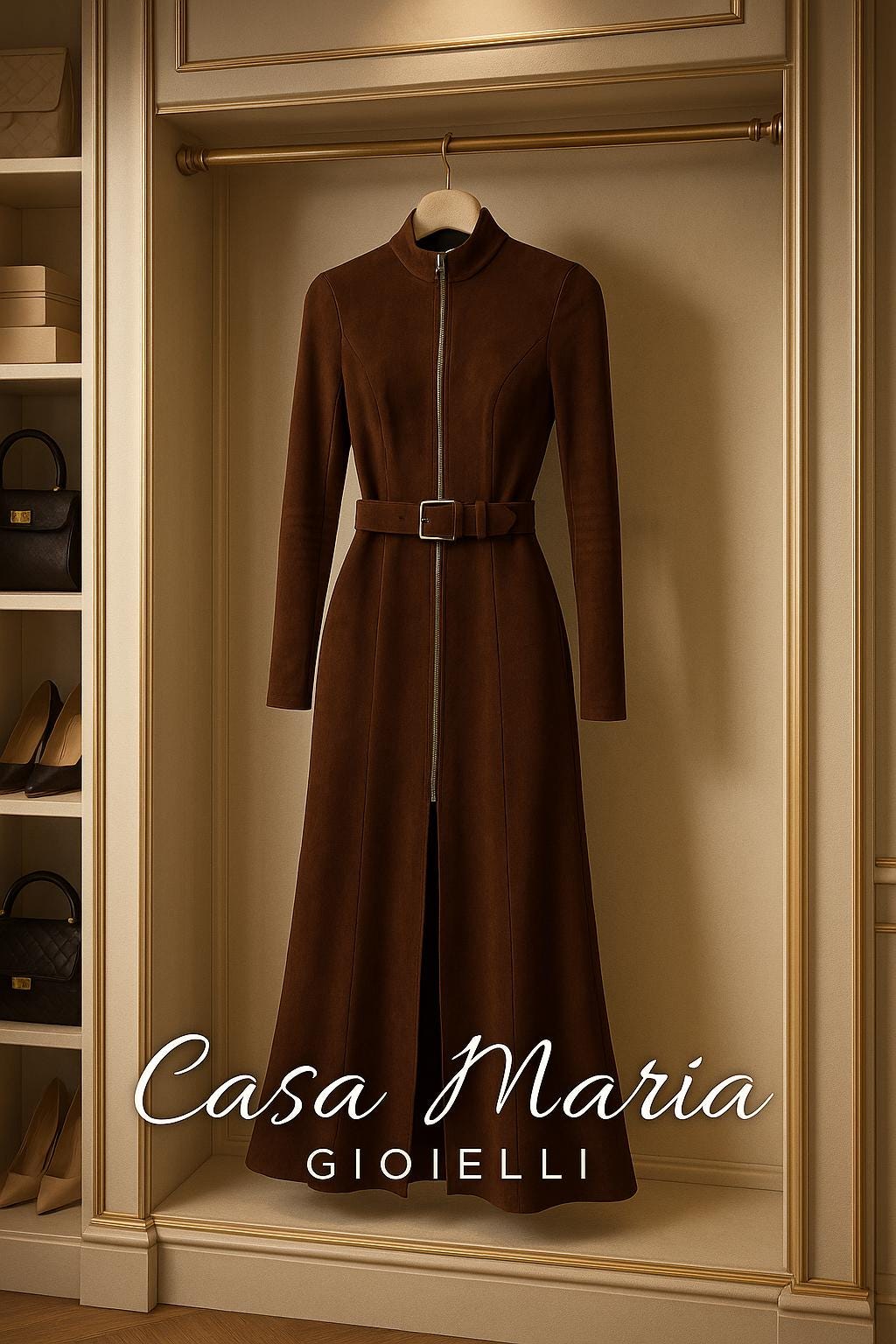 Marrone Regina di Suede Dress Contemporary European Elegance By Casa Maria Gioiellil Collezione