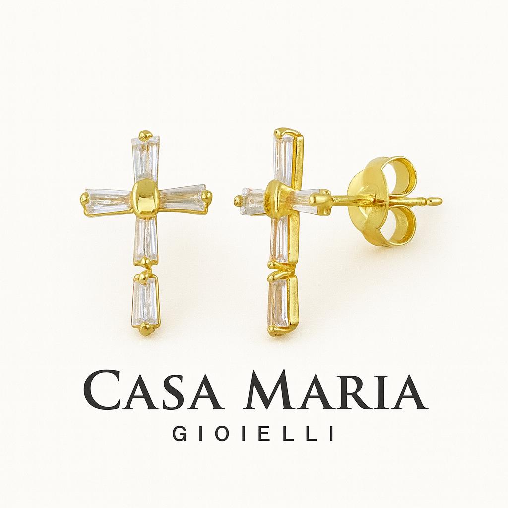 Croce di Luce Earrings - 14k Yellow Gold - Lab Grown Diamonds - Casa Maria Gioielli