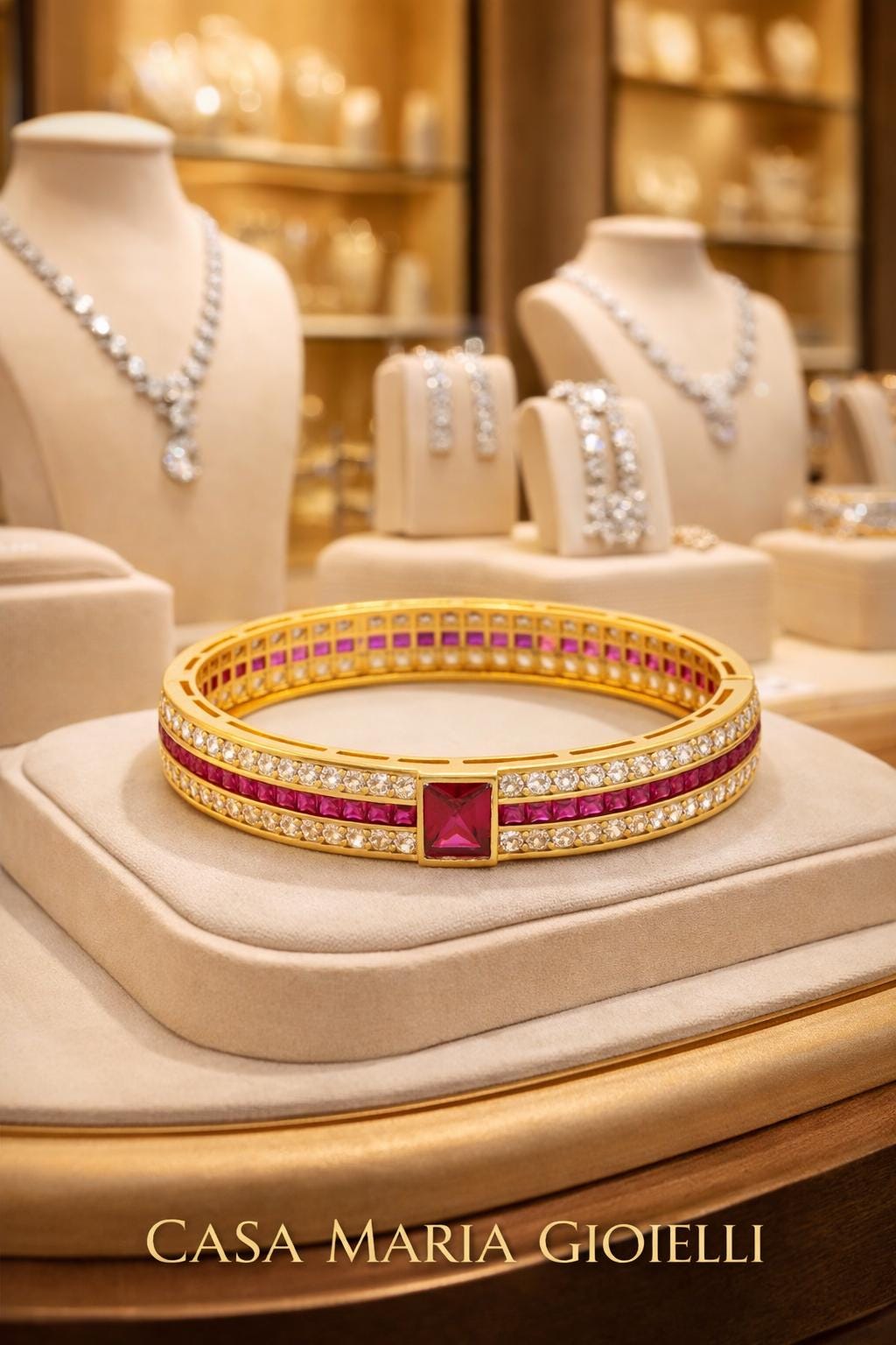 Ruby Diamond Bangle Bracelet | 24K Hollow Gold, Platinum, Lab-Grown Diamonds