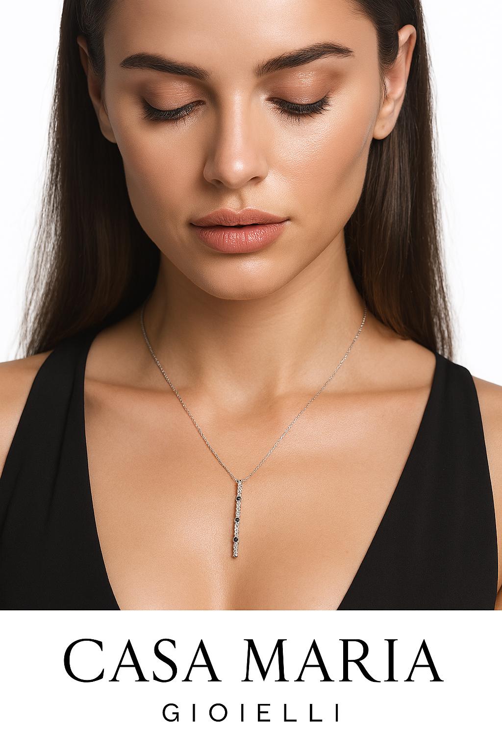 10K White Gold Bar Necklace: Lab Grown Diamond & Emerald Pendant