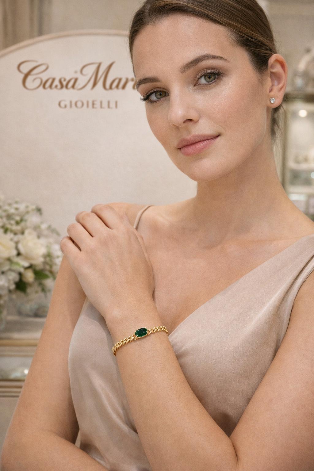 14K Yellow Gold Emerald Diamond Cuban Link Bracelet