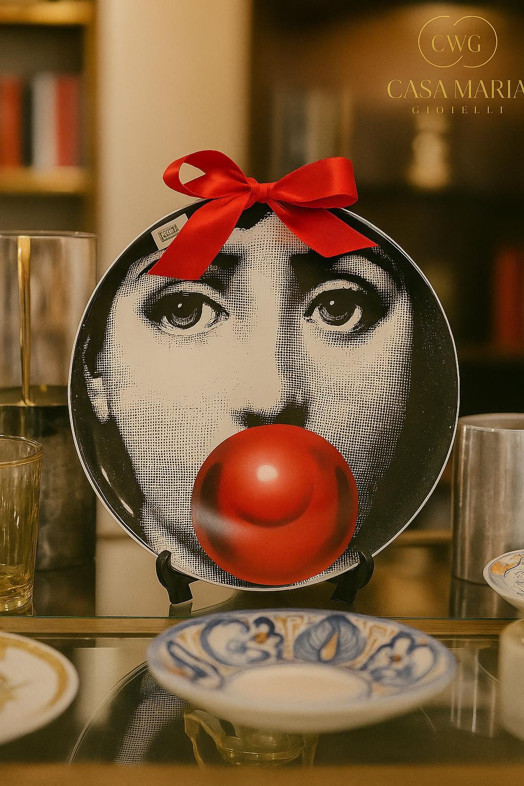 Piatto Red Ribbon Artistic Elegance Ceramic Plate By Casa Maria Gioielli Collezione