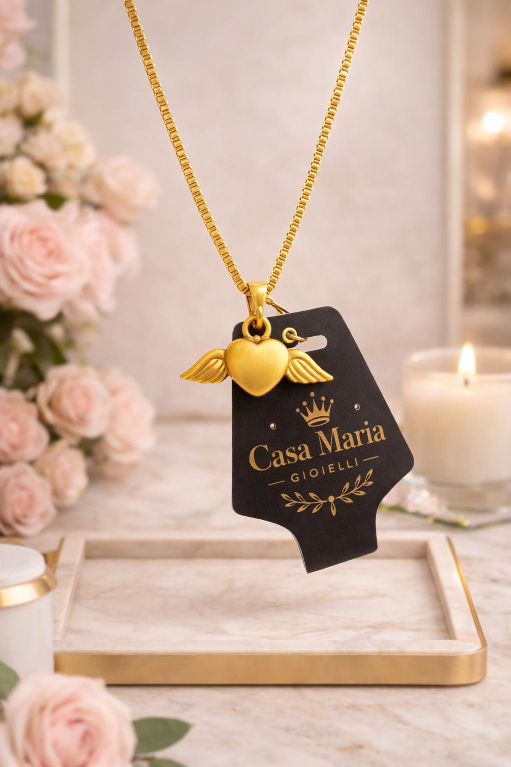 24k Hollow Yellow Gold Winged Heart Necklace | Casa Maria Gioielli