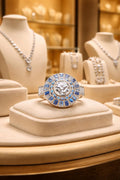 Luce di Mare Ring | Platinum | Lab Grown Baguette Diamonds Blue Stones | Casa Maria Gioielli