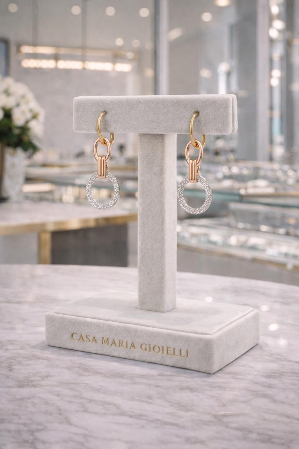 Rosa Eterna Drops | 14K 585 Solid Rose Gold Earrings | White Diamonds | Casa Maria Gioielli